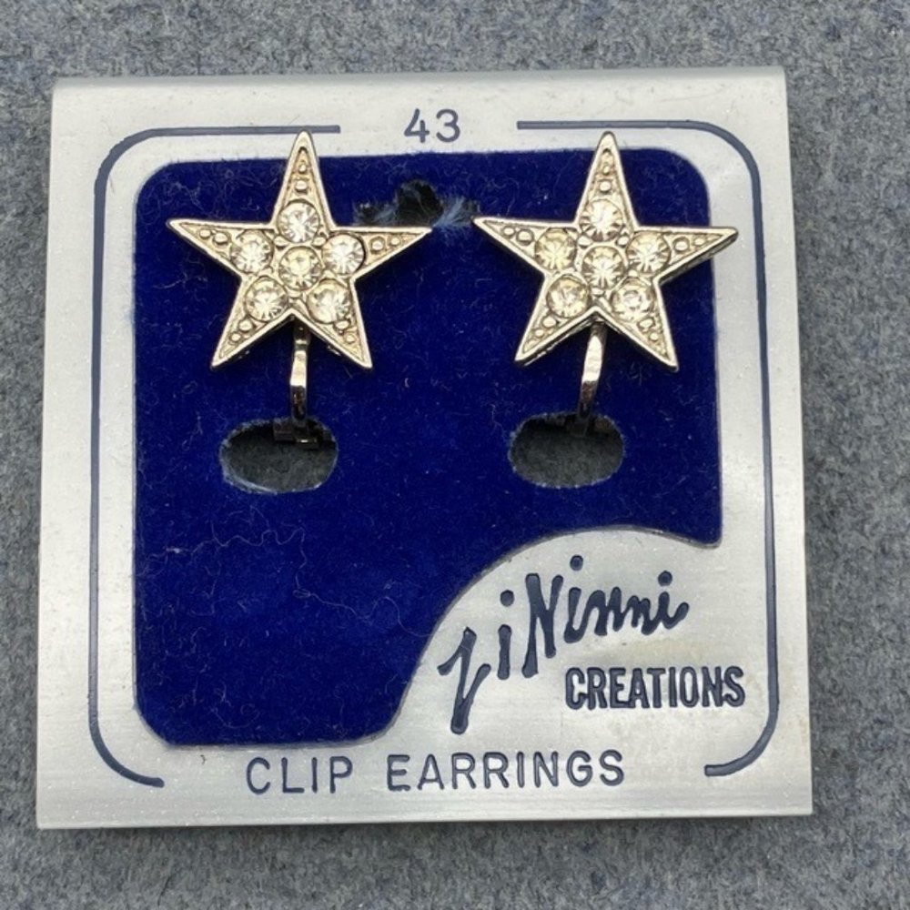 ZiNinni Creations Clip On Earrings Star Silver Rhinestone Vintage Retro Bling
